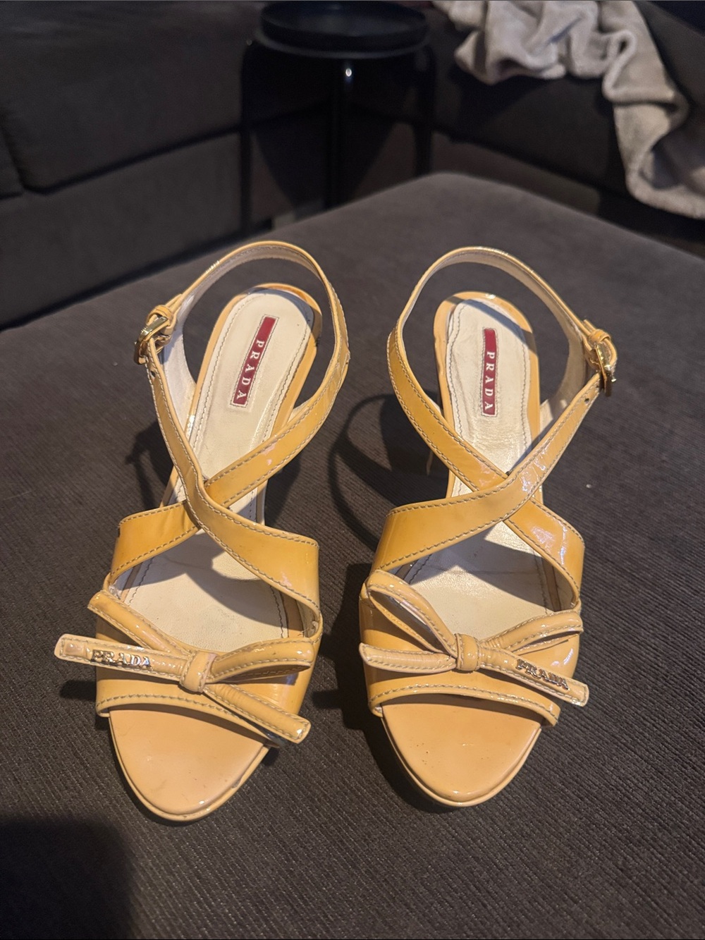 Prada Yellow Patent Leather Strappy Heels with Bow Detail